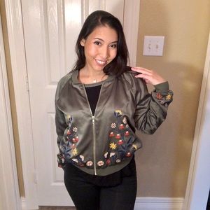 Olive Green Flower Embroidered Bomber Jacket